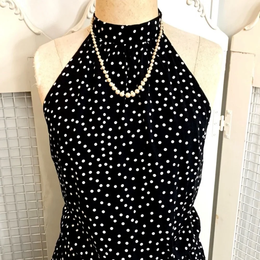 Temofon black with white polka dots backless halter maxi sundress- M - Picture 2 of 10